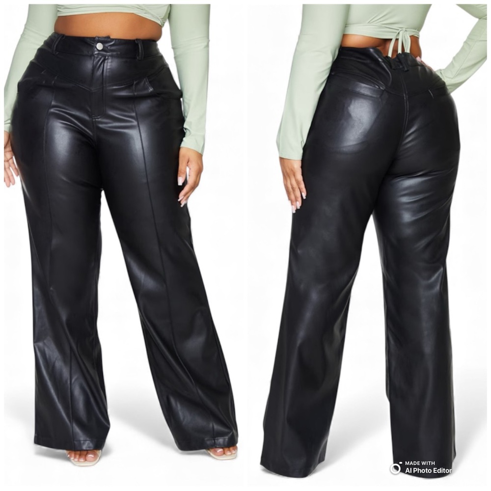 PLT Plus Black Faux Leather Wide Leg Seam Detail Trousers NWT 24